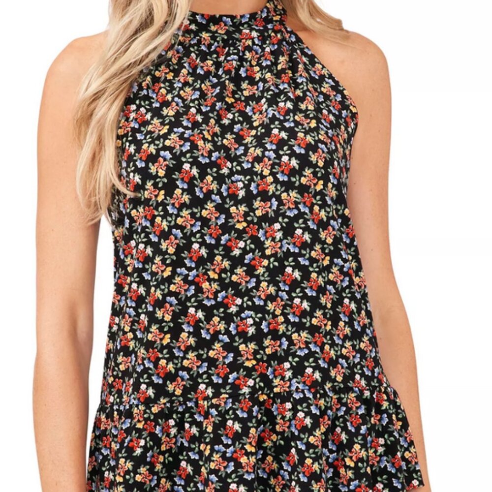 CeCe Black Ditsy Floral Halter Peplum Blouse Size Small